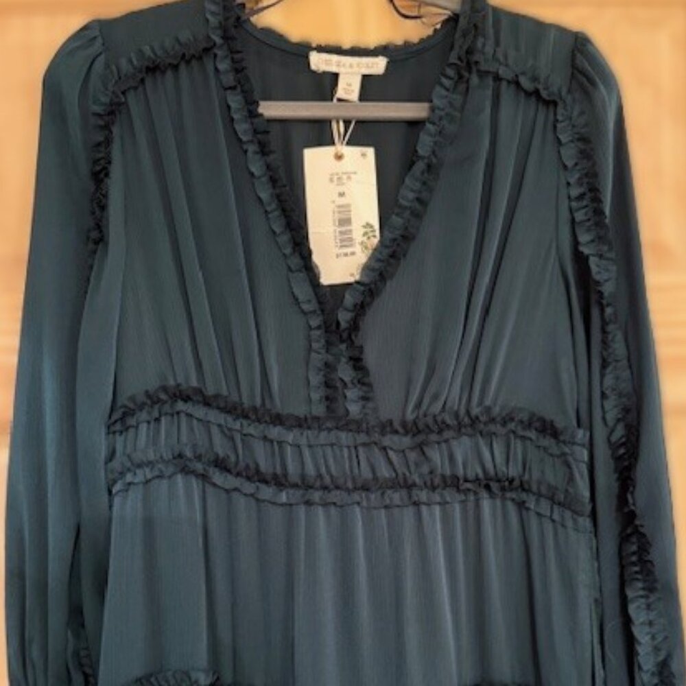*NWT* Green Satin Ruffle Deep V-Neck Long Smocked Cuff Sleeve Tiered Maxi Dress